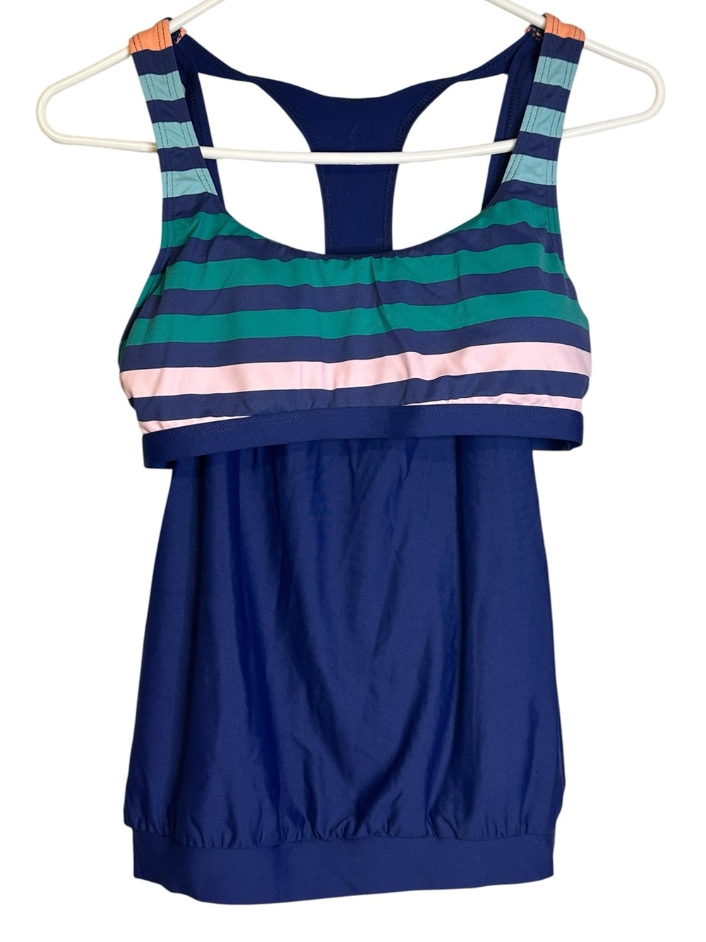Next Stripe Impact Tankini Swim Top 32 B/C Blue Racerback Swimwear Resort NWT